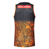 Back view of the NRL Indigenous All Stars 25/26 Pro Training Singlet by Classic Sportswear featuring an orange and black Aboriginal art design and the "Harvey Norman" logo, reflecting the spirit of the NRL Indigenous All Stars.