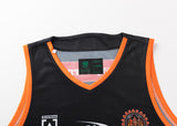 The NRL Indigenous All Stars 25/26 Pro Training Singlet by Classic Sportswear is black with orange trim, featuring diverse logos and a stylized tiger head, capturing the team's spirit.