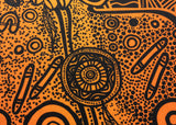The NRL Indigenous All Stars 25/26 Pro Training Singlet by Classic Sportswear features an abstract design with concentric circles and dotted patterns in black on an orange background.