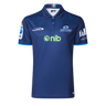 The Blues Super Rugby 25/26 Team Polo by Classic Sportswear is a blue jersey featuring short sleeves, a subtle circular pattern, and logos including "nib" and "Blues," perfect for any Blues fan.
