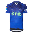 Blue and navy patterned sports jersey with "Blues Super Rugby" logo, features "nib" sponsor in green, crafted by Classic Sportswear.