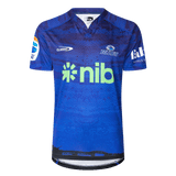 Blue and navy patterned sports jersey with "Blues Super Rugby" logo, features "nib" sponsor in green, crafted by Classic Sportswear.