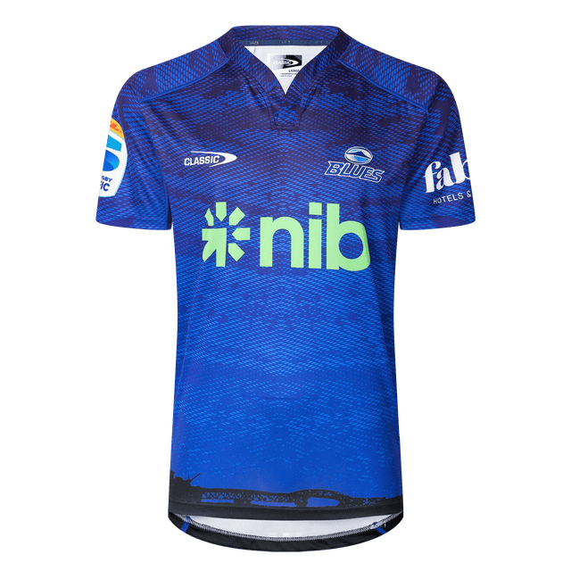 Blue and navy patterned sports jersey with "Blues Super Rugby" logo, features "nib" sponsor in green, crafted by Classic Sportswear.