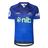 Blue and navy patterned sports jersey with "Blues Super Rugby" logo, features "nib" sponsor in green, crafted by Classic Sportswear.