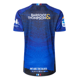 The back of the Blues Super Rugby 25/26 Replica Home Jersey by Classic Sportswear displays "Barfoot & Thompson" prominently. It features logos on both sleeves, and "We Are the Blues" at the bottom, embodying the Blues spirit.