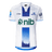 The Blues Super Rugby 25/26 Replica Away Jersey by Classic Sportswear showcases a white and blue design with the "nib" logo in green and the Blues emblem on the chest. A cityscape adorns the bottom, while sponsor logos decorate the sleeves, appealing to true Blues fans.