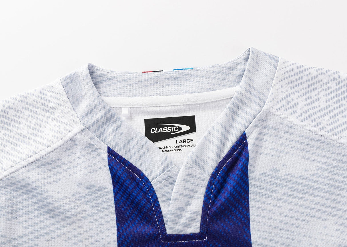 Close-up of the Blues Super Rugby 25/26 Replica Away Jersey by Classic Sportswear in gray and blue, size large.