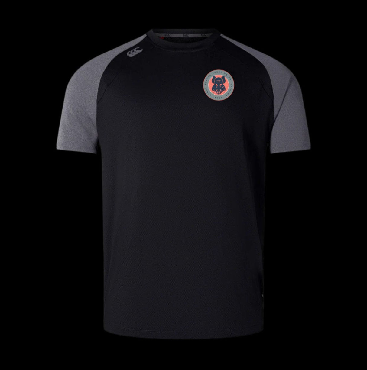 The Armed Forces RFU Okinawa Elite Training Tee by EMB Canterbury is a black and gray short-sleeve performance shirt with Vapodri fabric, featuring a chest badge with a red wolf head logo and a CCC logo on the shoulder.