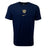 The Racing 92 Evergreen Tee 1 by Nike is a navy blue tee designed from premium cotton jersey, adorned with a small golden shield emblem and a gold Nike swoosh logo on the chest.