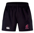 Washington State Rugby Advantage Short 2.0 by EMB Canterbury features black rugby shorts with an elastic waistband for ultimate performance, plus two front logos: a red "Rugby" and a white one on the left side, embodying the Advantage Short 2.0 design ethos.