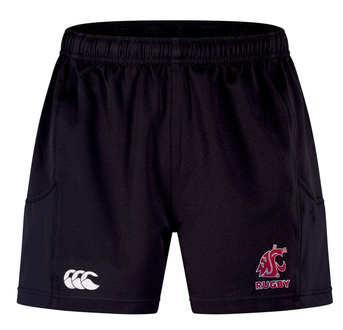 Washington State Rugby Advantage Short 2.0 by EMB Canterbury features black rugby shorts with an elastic waistband for ultimate performance, plus two front logos: a red "Rugby" and a white one on the left side, embodying the Advantage Short 2.0 design ethos.