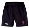 Washington State Rugby Advantage Short 2.0 by EMB Canterbury features black rugby shorts with an elastic waistband for ultimate performance, plus two front logos: a red "Rugby" and a white one on the left side, embodying the Advantage Short 2.0 design ethos.