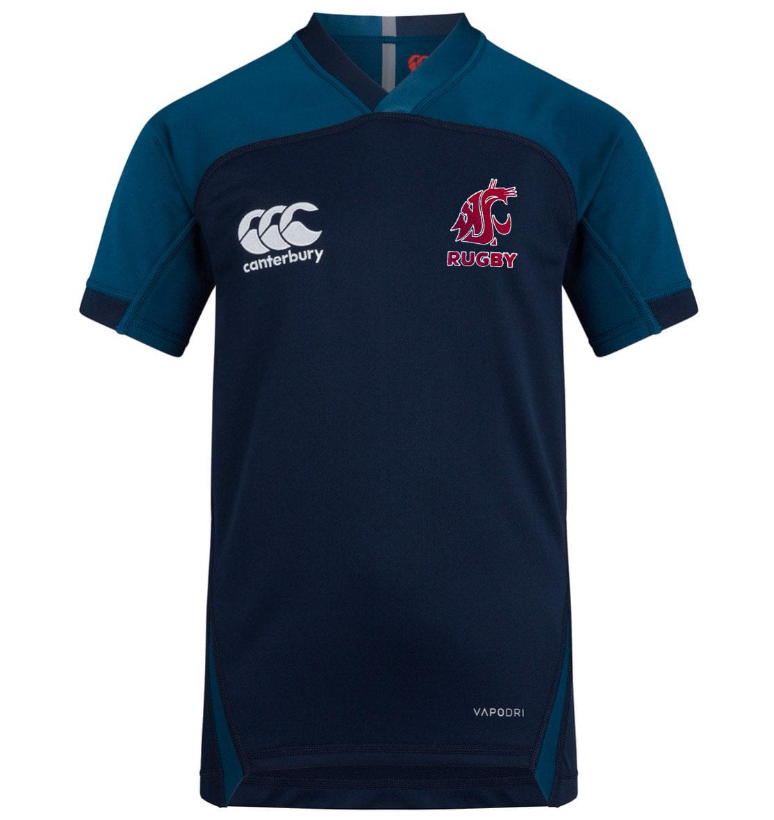 The Washington State Rugby Vapodri Evader Jersey by EMB Canterbury has a navy blue design with teal accents, a Canterbury neckline, and "Canterbury" and "Rugby" logos on the chest, enhanced by VapoDri technology.