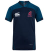 The Washington State Rugby Vapodri Evader Jersey by EMB Canterbury has a navy blue design with teal accents, a Canterbury neckline, and "Canterbury" and "Rugby" logos on the chest, enhanced by VapoDri technology.
