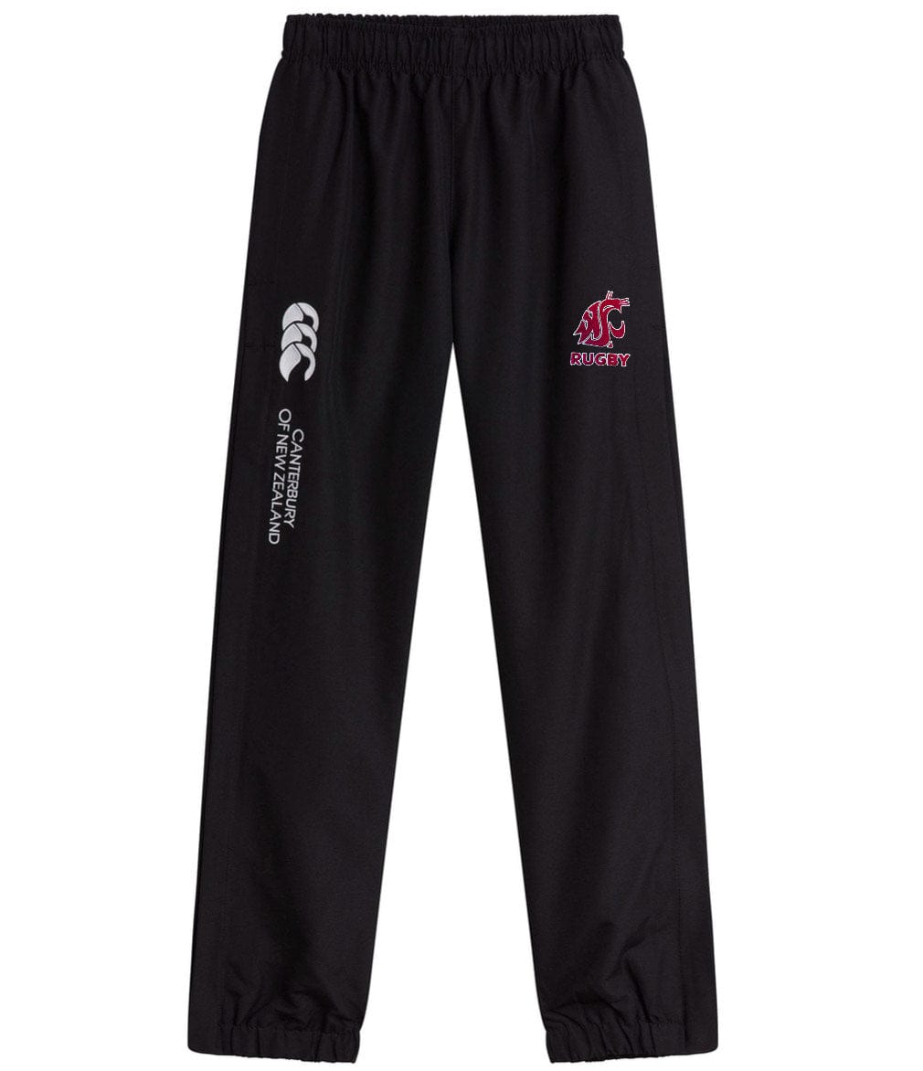 The Washington State Rugby Cuffed Hem Stadium Pant by EMB Canterbury features a white "Canterbury of New Zealand" logo and a bold red "WCU Rugby" emblem on the left side. These black pants are perfect for showcasing your sporty style with their cuffed hem design.