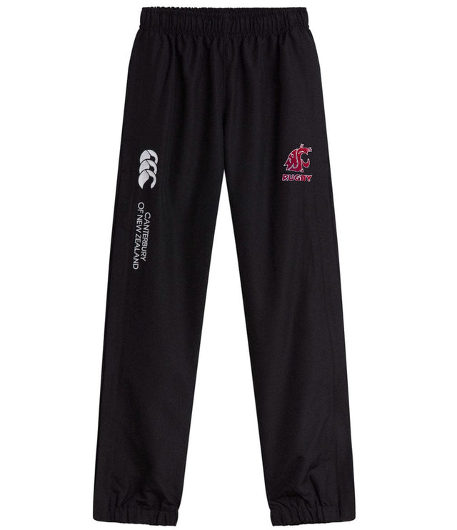 The Washington State Rugby Cuffed Hem Stadium Pant by EMB Canterbury features a white "Canterbury of New Zealand" logo and a bold red "WCU Rugby" emblem on the left side. These black pants are perfect for showcasing your sporty style with their cuffed hem design.