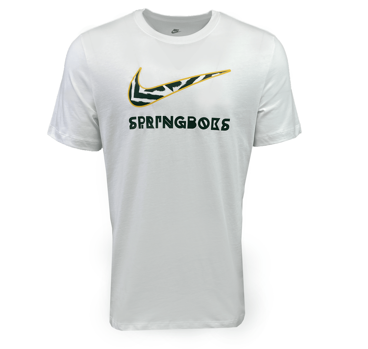 White Springboks Graphic Tee by Nike featuring a Nike logo above the word "Springboks" in stylized green and yellow text.