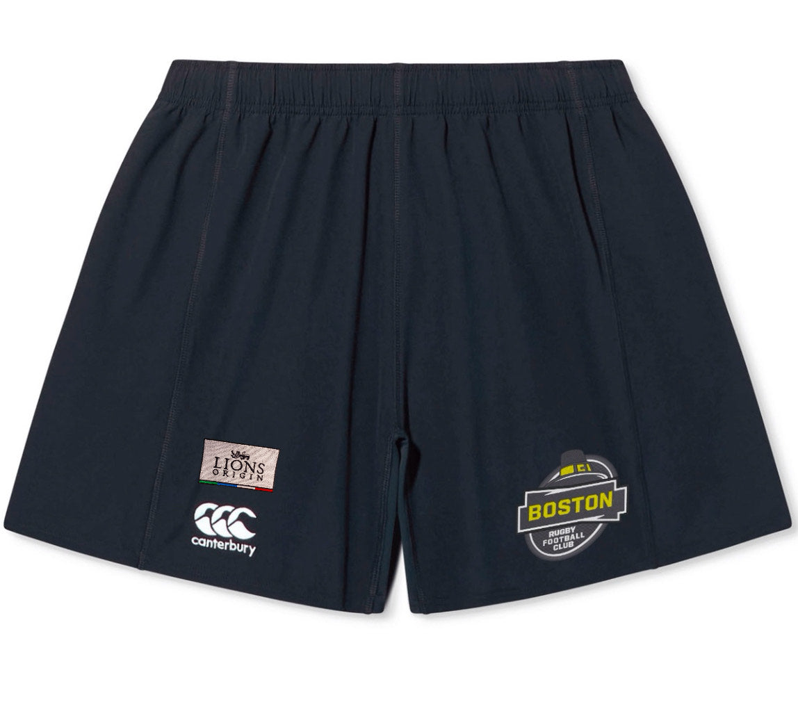 The Boston RFC Lions Origin Yokohama Short by Canterbury features lightweight fabric, an elastic waistband, and displays the EMB Canterbury, British & Irish Lions, and Boston RFC logos on the front.
