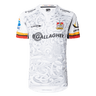The Gallagher Chiefs Super Rugby Replica Away Jersey 25/26 by Classic Sportswear showcases intricate patterns, the iconic Chiefs team emblem on the chest, and sponsor logos like Gallagher, celebrating the spirit of a classic away jersey.