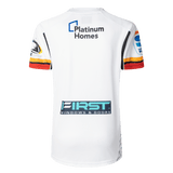 The Gallagher Chiefs Super Rugby Replica Away Jersey 25/26 by Classic Sportswear features black, yellow, and red sleeve accents. It includes sponsor logos "Platinum Homes" and "First Windows & Doors" on the back, epitomizing Super Rugby style.