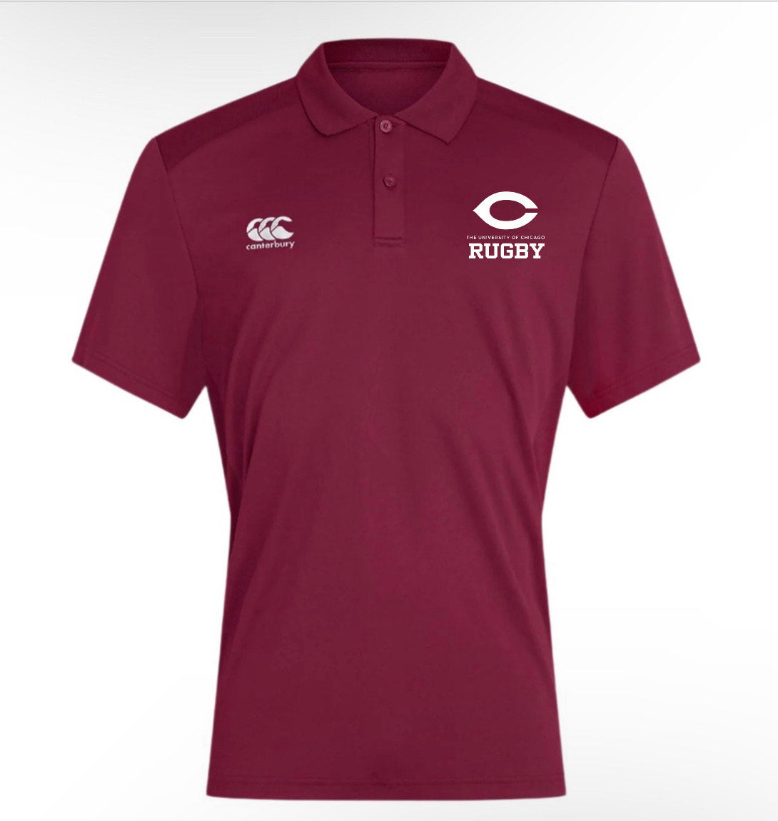 The Maroon University of Chicago Club Dry Polo by EMB Canterbury features "Rugby" and a logo on the right chest, the Canterbury logo on the left, and has advanced Vapodri Technology for enhanced breathability.