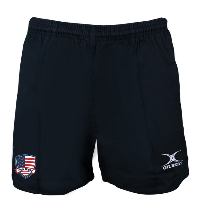 The WRS Gilbert USA West All Stars Kiwi Match Short features an elastic waistband, USA West shield on the left leg, and white Gilbert logo on the right—combining classic style with comfort and durability for athletic rugby performance.