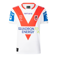 Classic Sportswear introduces the Dragons NRL 25/26 Replica Home Jersey, a white sports jersey with red and blue accents. It showcases "remara" and "Squadron Energy" logos, featuring a bold red chevron on the front.