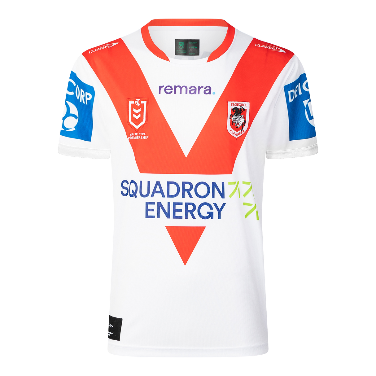 Classic Sportswear introduces the Dragons NRL 25/26 Replica Home Jersey, a white sports jersey with red and blue accents. It showcases "remara" and "Squadron Energy" logos, featuring a bold red chevron on the front.