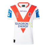 Classic Sportswear introduces the Dragons NRL 25/26 Replica Home Jersey, a white sports jersey with red and blue accents. It showcases "remara" and "Squadron Energy" logos, featuring a bold red chevron on the front.