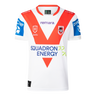 Classic Sportswear introduces the Dragons NRL 25/26 Replica Home Jersey, a white sports jersey with red and blue accents. It showcases "remara" and "Squadron Energy" logos, featuring a bold red chevron on the front.