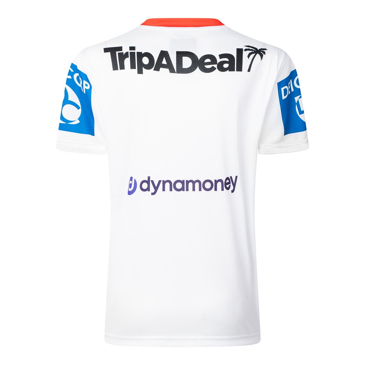 Back view of the white Dragons NRL 25/26 Replica Home Jersey by Classic Sportswear, showcasing "TripADeal" and "dynamoney" logos with blue sleeve accents.
