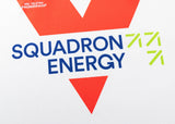 The Squadron Energy logo, with its bold red "V" and small green arrows on a white background, mirrors the design elements of the Dragons NRL 25/26 Replica Home Jersey by Classic Sportswear.