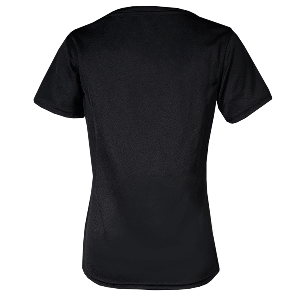 The Women's Black Ferns Replica Home Jersey by adidas, a black short-sleeve jersey made from recycled materials, is displayed from the back against a transparent background.