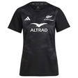 The Women's Black Ferns Replica Home Jersey by adidas features a stylish black design, made from recycled materials, with a white logo and "ALTRAD" text prominently displayed on the front.