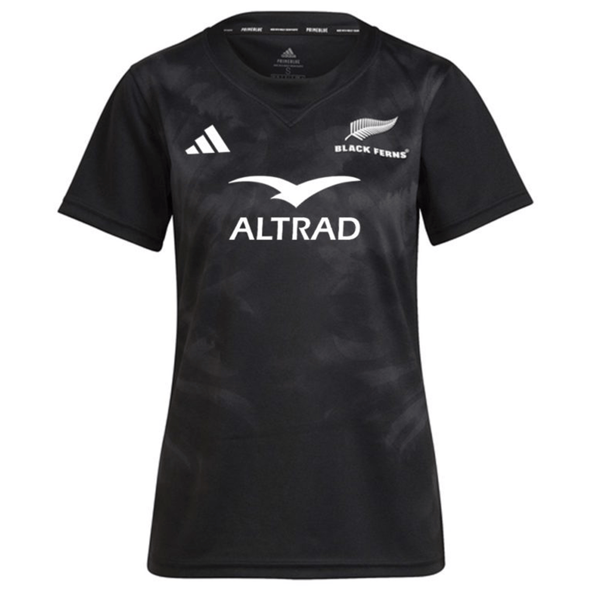 The Women's Black Ferns Replica Home Jersey by adidas features a stylish black design, made from recycled materials, with a white logo and "ALTRAD" text prominently displayed on the front.