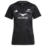 The Women's Black Ferns Replica Home Jersey by adidas features a stylish black design, made from recycled materials, with a white logo and "ALTRAD" text prominently displayed on the front.