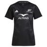 The Women's Black Ferns Replica Home Jersey by adidas features a stylish black design, made from recycled materials, with a white logo and "ALTRAD" text prominently displayed on the front.