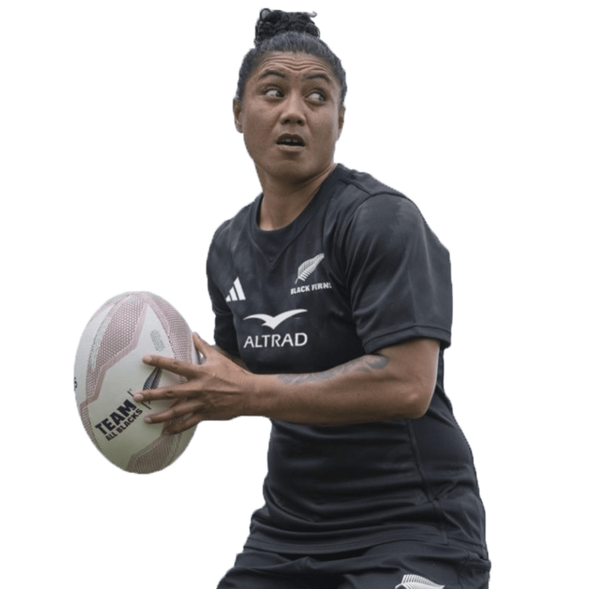 A rugby player in a Women's Black Ferns Replica Home Jersey by adidas, holding a rugby ball, looking to the side with her hair tied up.