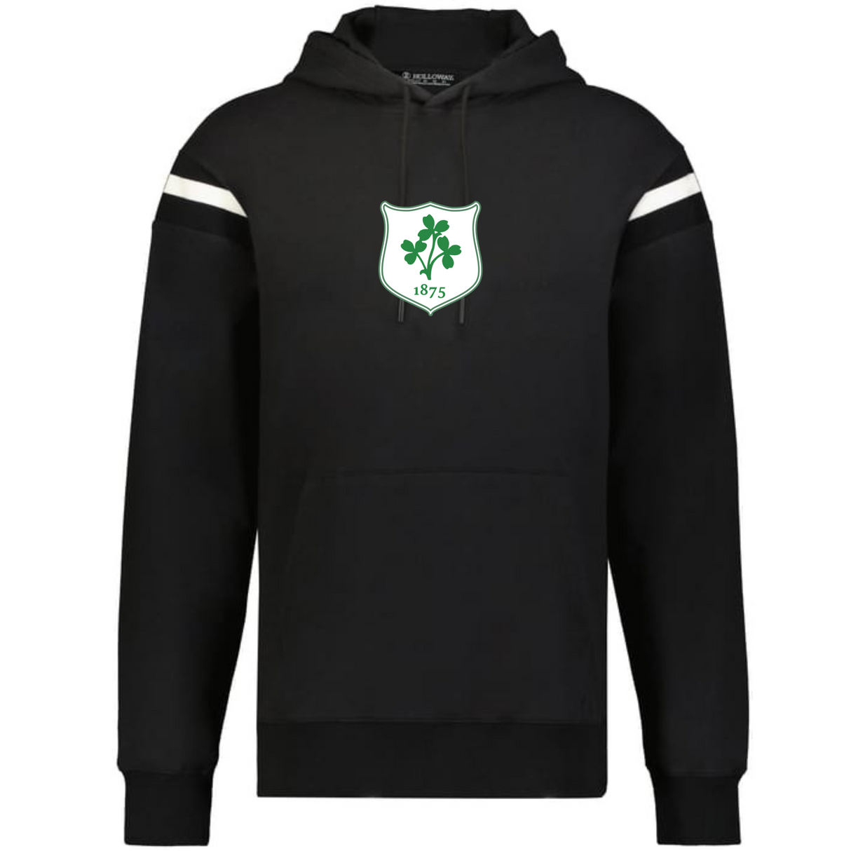 The WRS Augusta Ireland Heritage Prep Vintage Shield Hoodie is black with white sleeve stripes and a green and white "1875" crest on the chest.