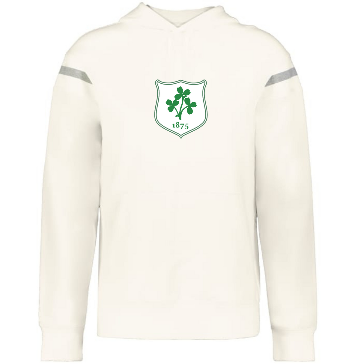 The WRS Augusta Ireland Heritage Prep Vintage Shield Hoodie is a white rugby-style hoodie with gray sleeve stripes and a green clover with "1875" on the chest, celebrating classic Irish heritage style.