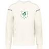 The WRS Augusta Ireland Heritage Prep Vintage Shield Hoodie is a white rugby-style hoodie with gray sleeve stripes and a green clover with "1875" on the chest, celebrating classic Irish heritage style.