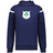The WRS Augusta Ireland Heritage Prep Vintage Shield Hoodie is navy blue with white sleeve stripes and a vintage shield emblem with green shamrocks and "1875" on the chest.