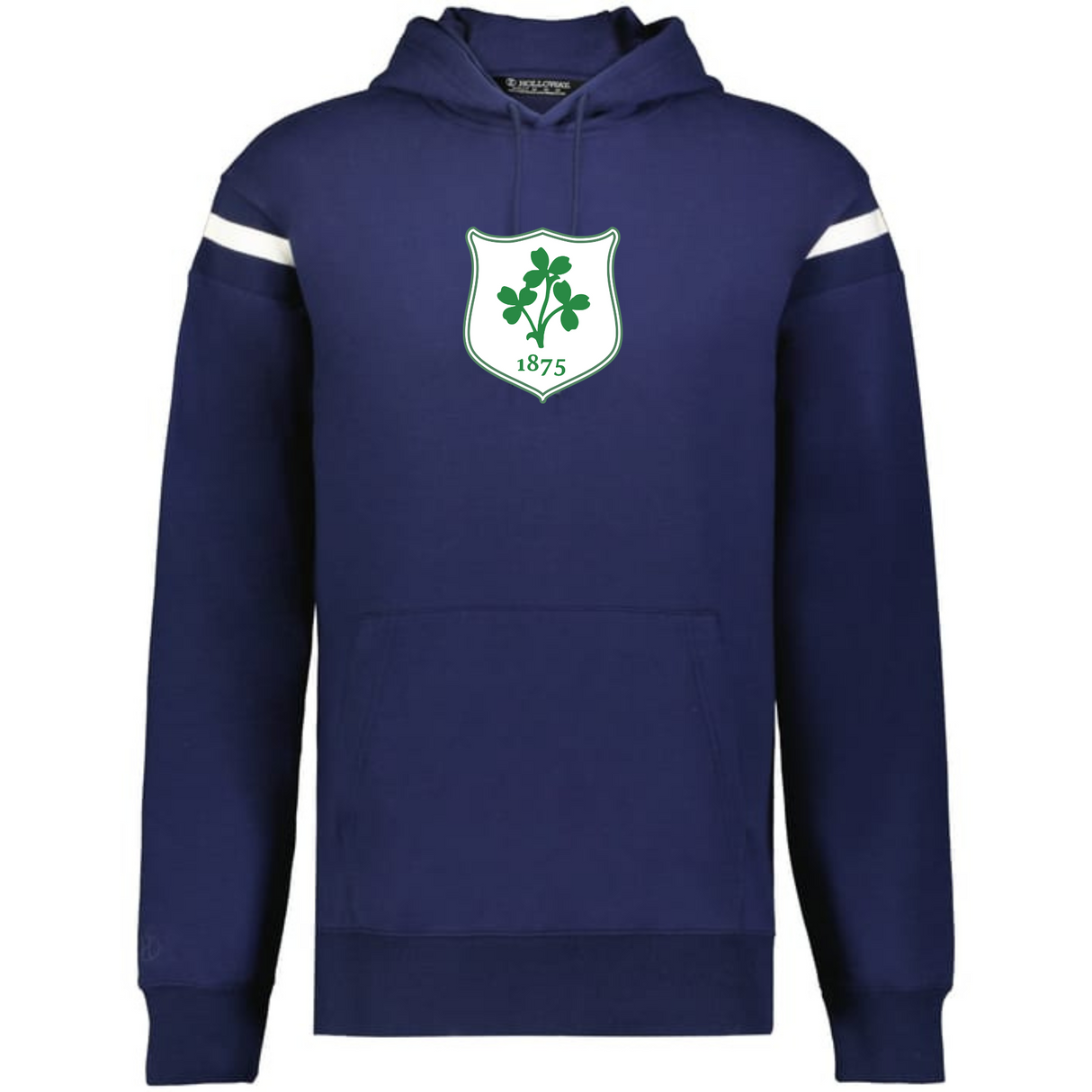 The WRS Augusta Ireland Heritage Prep Vintage Shield Hoodie is navy blue with white sleeve stripes and a vintage shield emblem with green shamrocks and "1875" on the chest.
