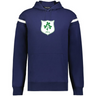 The WRS Augusta Ireland Heritage Prep Vintage Shield Hoodie is navy blue with white sleeve stripes and a vintage shield emblem with green shamrocks and "1875" on the chest.