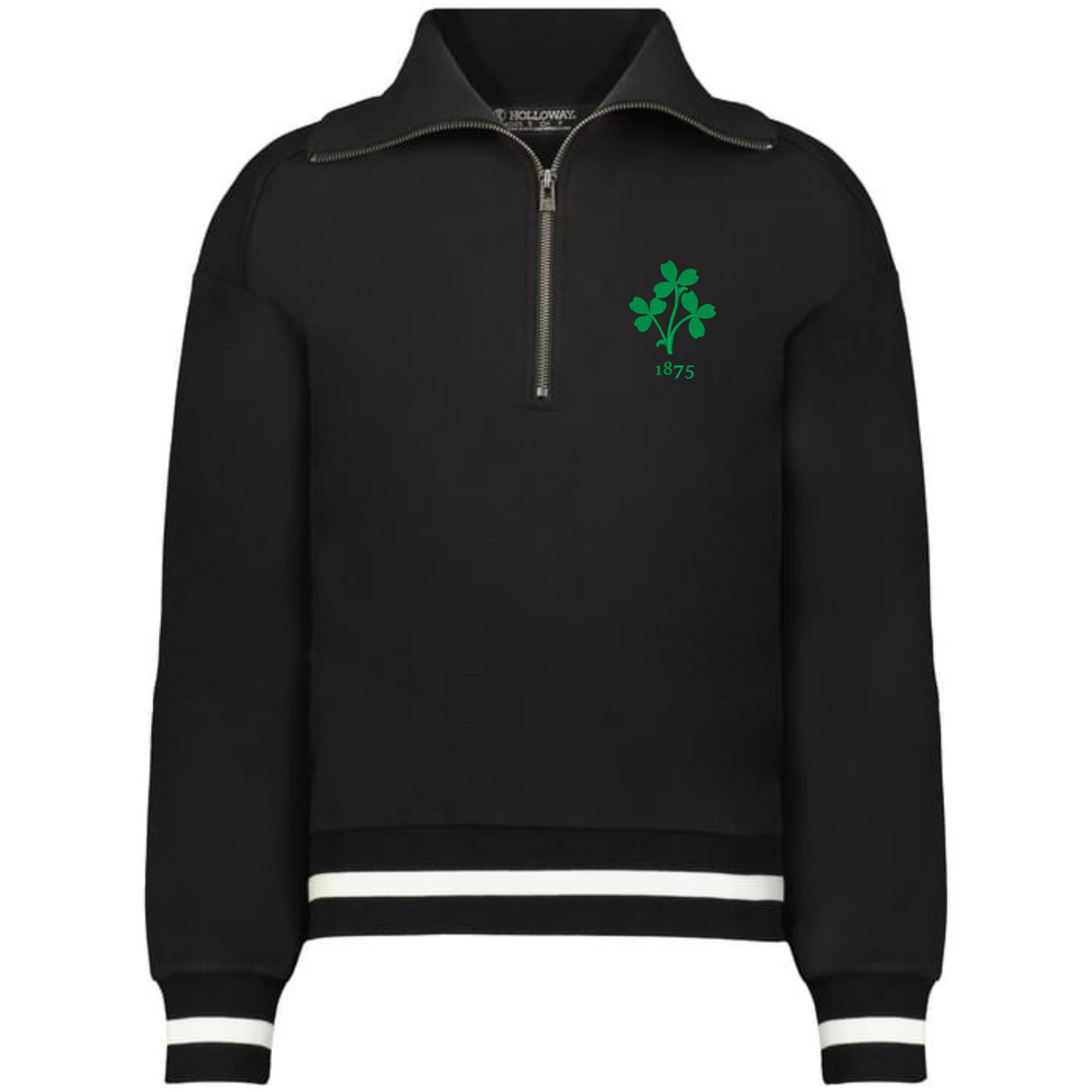 The EMB Augusta Women's Vintage Ireland Heritage Prep Pullover is a black quarter-zip with white cuff and hem stripes, a green shamrock, and "1875" on the chest—perfect for celebrating your Irish roots.