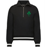The EMB Augusta Women's Vintage Ireland Heritage Prep Pullover is a black quarter-zip with white cuff and hem stripes, a green shamrock, and "1875" on the chest—perfect for celebrating your Irish roots.