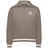 The EMB Augusta Women's Vintage Ireland Heritage Prep Pullover features white double stripes on the cuffs and hem and a "1875" floral chest emblem, celebrating Irish heritage in a classic light brown design.