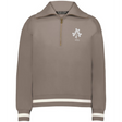 The EMB Augusta Women's Vintage Ireland Heritage Prep Pullover features white double stripes on the cuffs and hem and a "1875" floral chest emblem, celebrating Irish heritage in a classic light brown design.