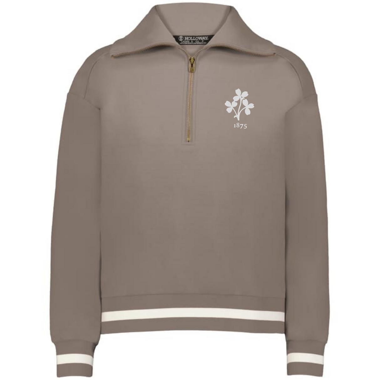 The EMB Augusta Women's Vintage Ireland Heritage Prep Pullover features white double stripes on the cuffs and hem and a "1875" floral chest emblem, celebrating Irish heritage in a classic light brown design.