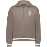The EMB Augusta Women's Vintage Ireland Heritage Prep Pullover features white double stripes on the cuffs and hem and a "1875" floral chest emblem, celebrating Irish heritage in a classic light brown design.